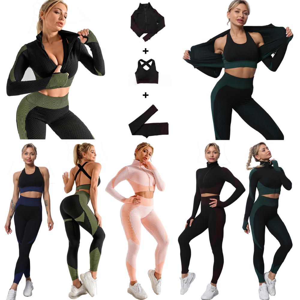 300 sets x Women Yoga Clothing High Waist Leggings Anti-Cellulite Gym Suit Set (Leggings, Sports Bra & Cropped Jacket)  l UK SELLER l GCL089-DarkGreen