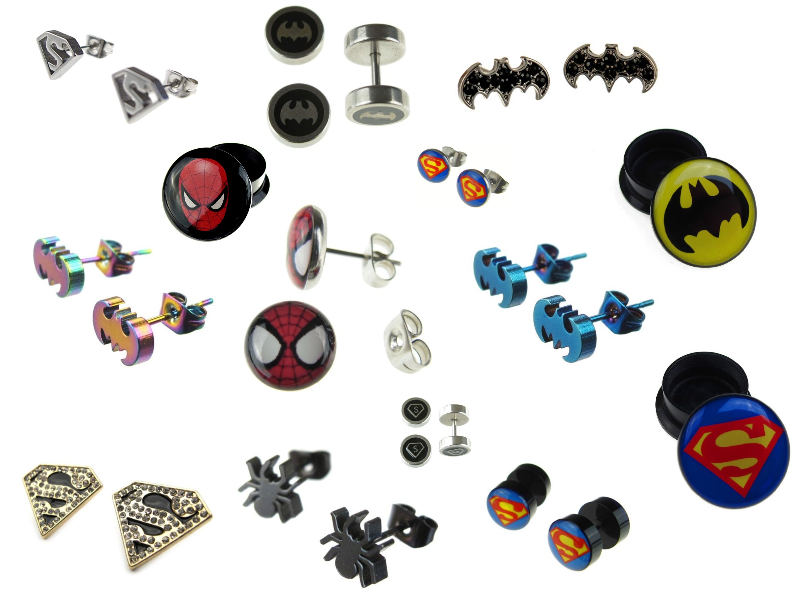 Wholesale Lot Of 100 Superhero Earrings and Ear plugs Batman Spiderman Superman