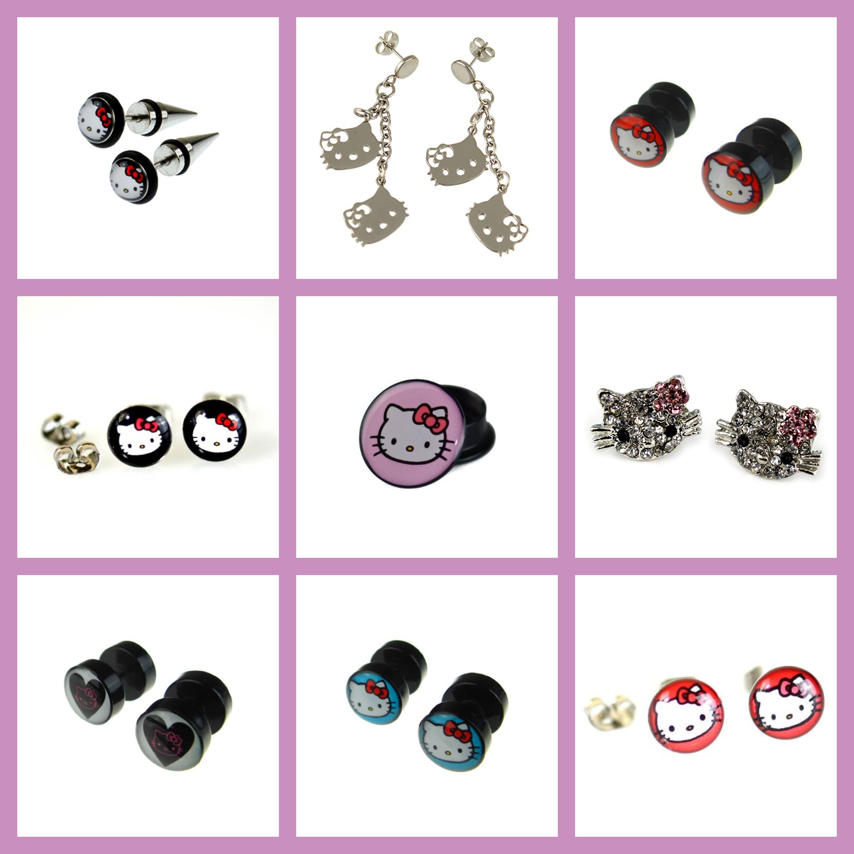 Wholesale Joblot of 100 Hello Kitty Earrings and Ear Plugs Mixed Designs