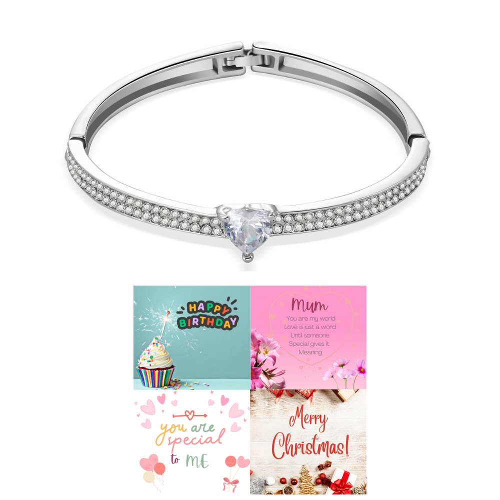 12pcs - Silver Tone Heart Crystal Bangle + 12 Message Boxes 3 Each|GCJ549+MSG|UK SELLER