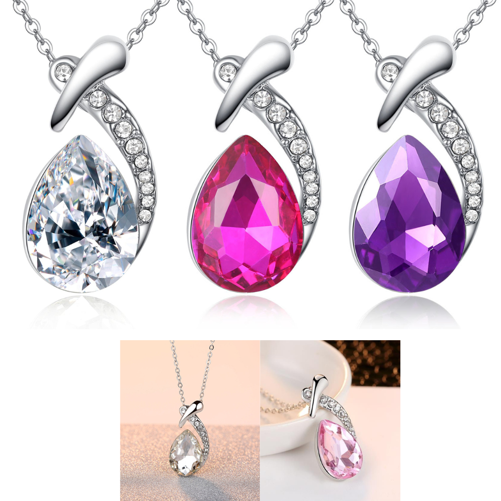 12pcs - Sapphire Zirconia Teardrop Crystal Silver Tone Pendant Necklace in Pink, Purple, Clear- 3 Colours 4 Each|GCJ148-Pink/purple/clear|UK SELLER