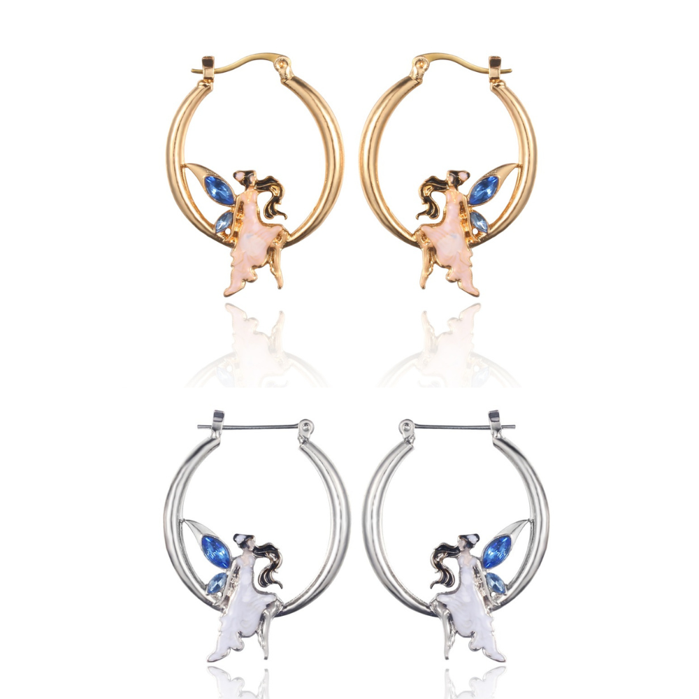 10 Pairs - Dancing Lady Fairy Hoop Earring with Blue Crystals in Colour Silver and Gold - 2 Colours 5 Each |GCJ542-Silver/Gold|UK SELLER