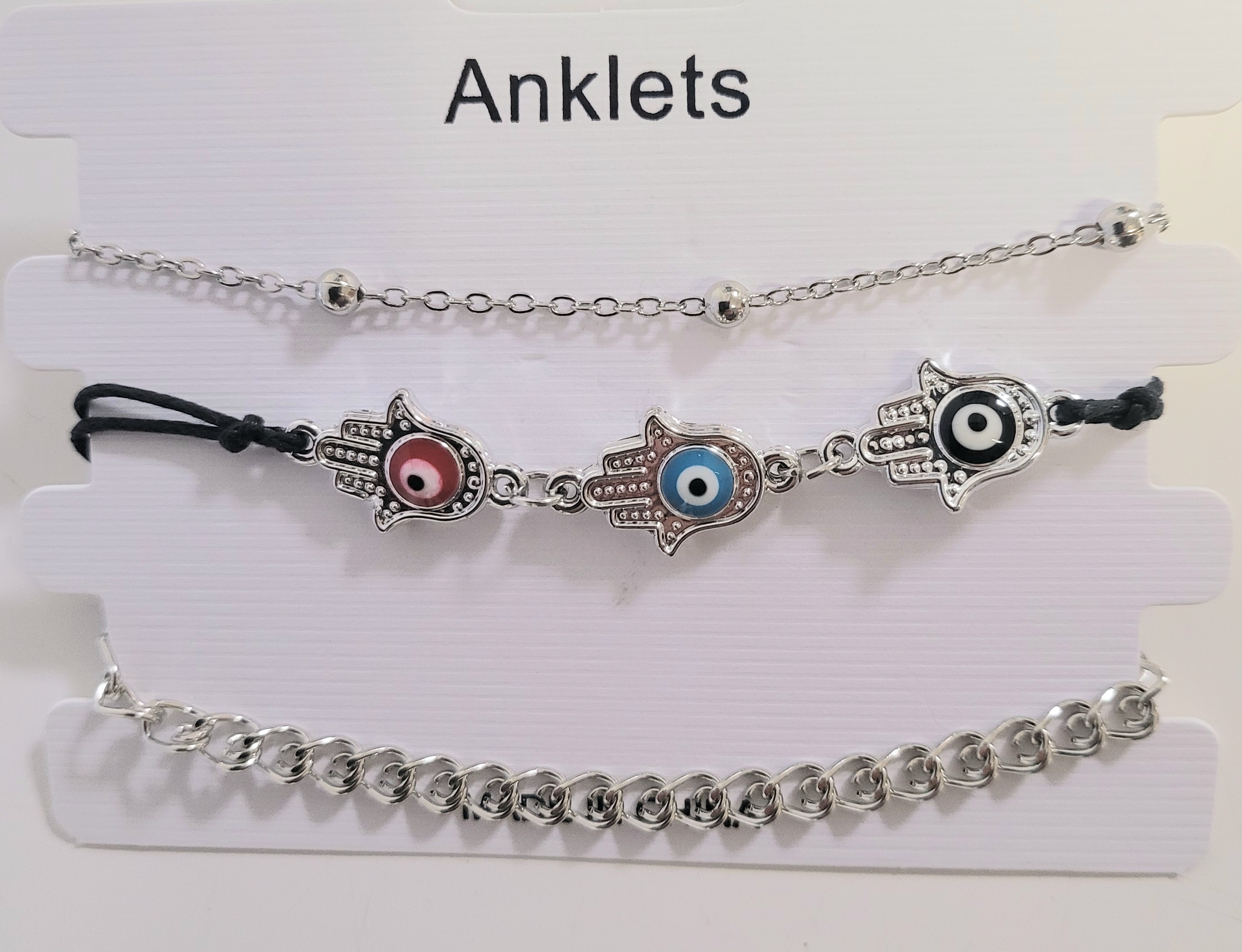 30 pcs - 3 Pcs Layered Hamsa Hand Evil Eyes Silver Anklet (10 Sets)|GCJA008|UK SELLER