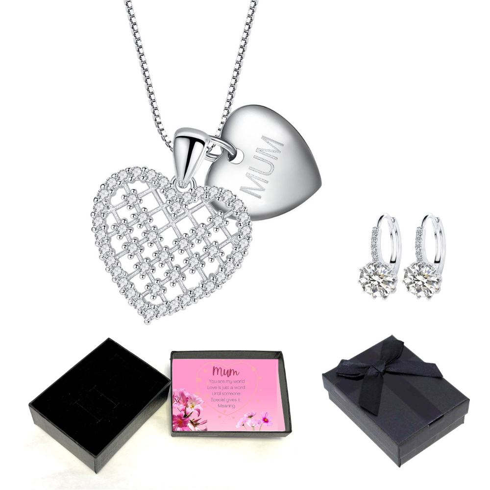 20 pcs - Heart Pendant with MUM Heart Tag Made from Swarovski Crystal and Huggies Earrings Set with Message box (10 Sets)|GCJ005GCJ339-Mum-MSG|UK SELL