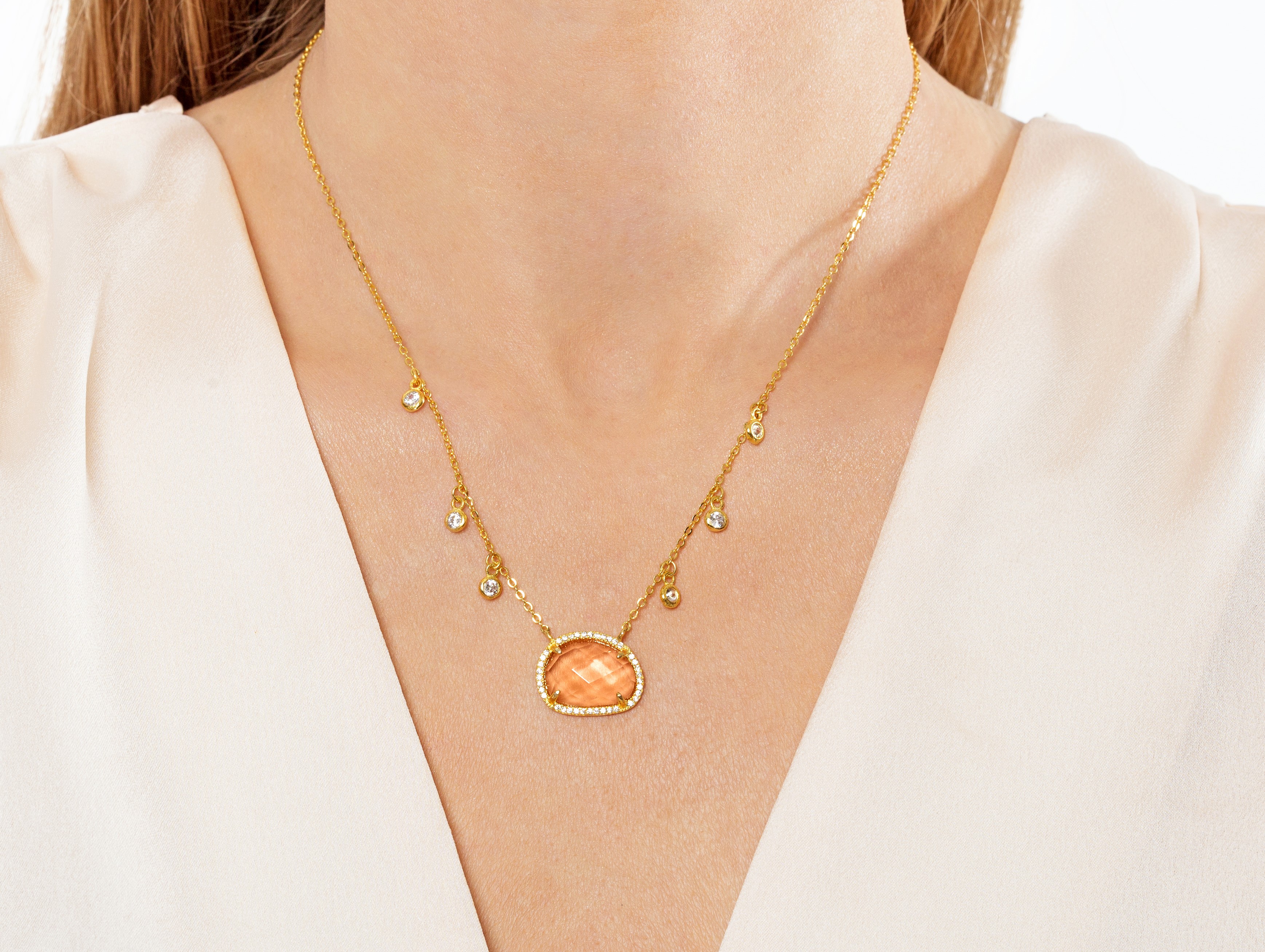 Samantha - Gold plated necklace with nude stone pendant.