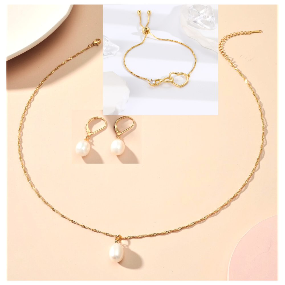 30 pcs - Freshwater Pearl Pendant Necklace Gold Tone Bracelet Earrings Tri-Set -10 Sets|GCJ188GCJ222GCJ236-Gold Tri Set|UK SELLER