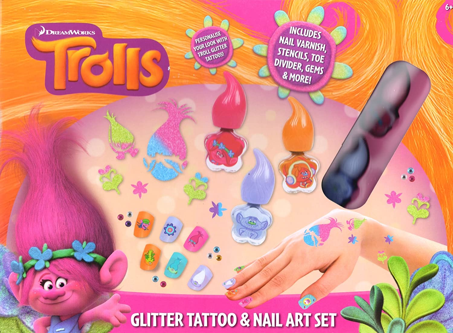 82 x Trolls DreamWorks Glitter Tattoo & Nail Art Set ( 1 off Job Lot )