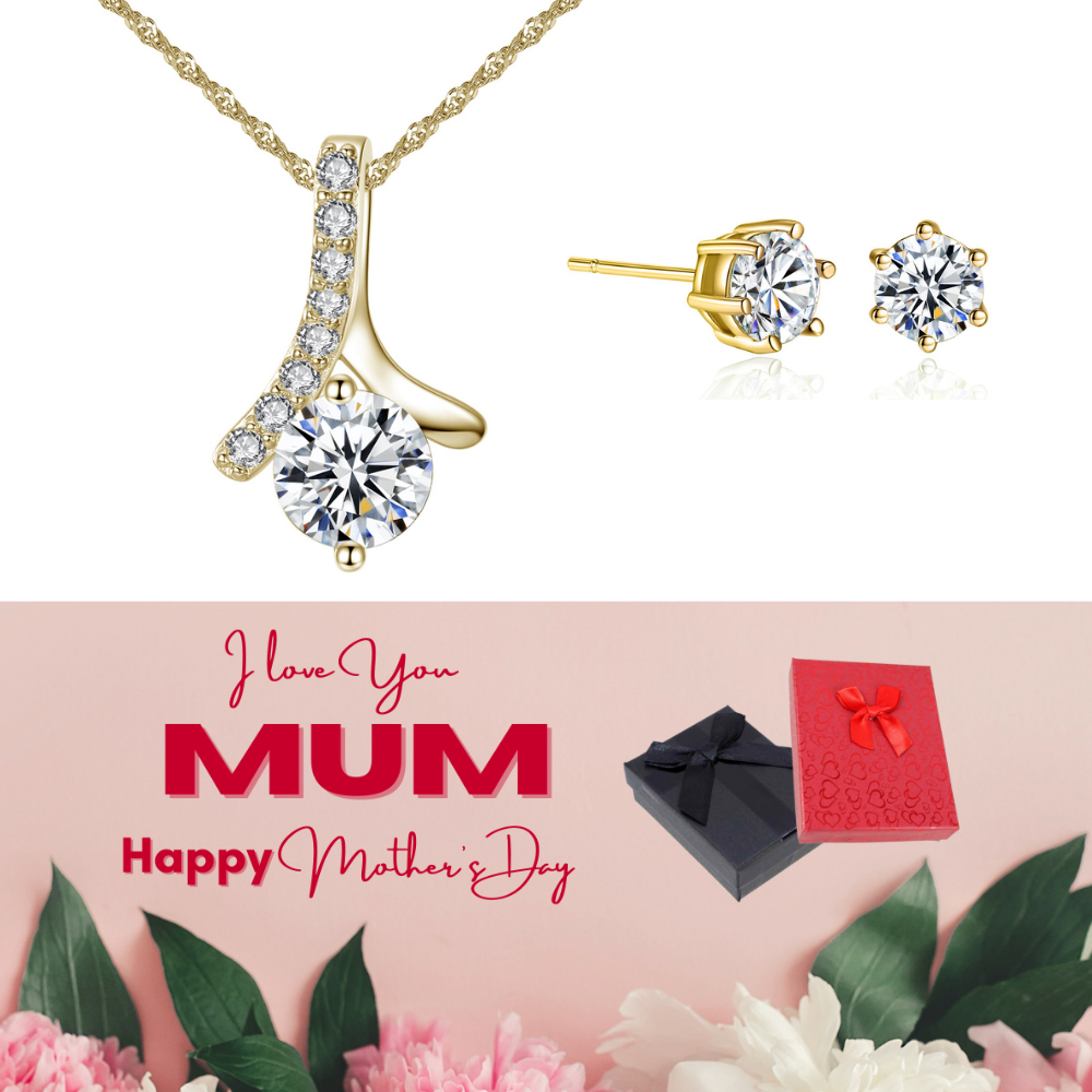 20 pcs - Solitaire Zircon Crystal Pendant Necklace Earrings Gold Tone Set + Mother’s Day Message Box - 10 Sets|GSV004GCC059-Gold-MD|UK SELLER