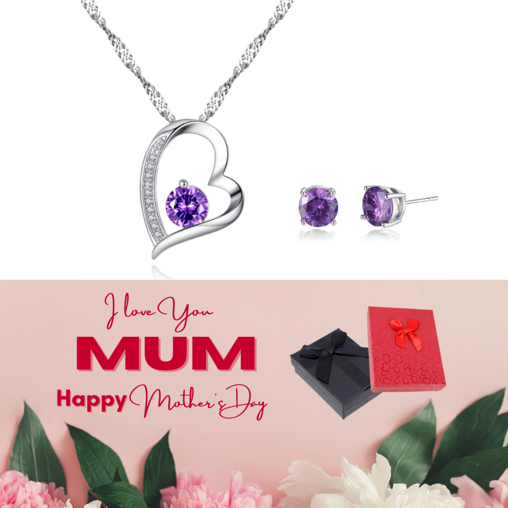 20 pcs -Purple Heart Zircon Crystals Pendant Necklace & Earrings Set with Mother’s Day Message Box - 10 Sets|GCJ155-MD|UK SELLER