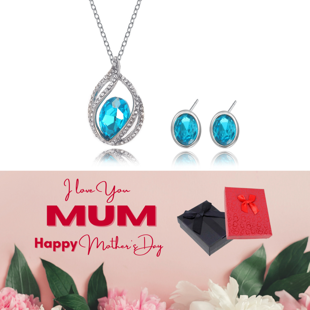 20 pcs -Sparkling Aqua Teardrop Pendant Necklace & Earrings Set with Mother’s Day Message Box - 10 Sets|GCJ165-MD|UK SELLER