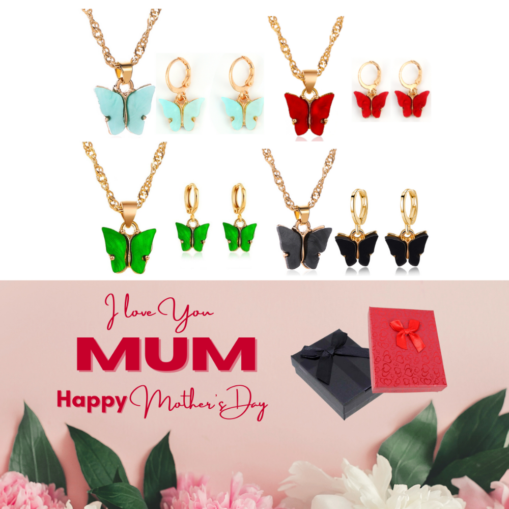 20 pcs - Stunning Gold Butterfly Necklace & Earrings Set + Mother’s Day Gift Box - 10 Sets Random Colour|GCJ171-Set-Green/Red/Black/Light Blue-MD|UK