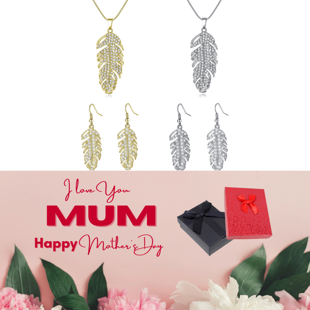 20 pcs - Feathers Necklace and Earrings Set + Mother’s Day Gift Box - 10 Sets Random Colour|GCJ182-Gold/Silver-MD|UK SELLER