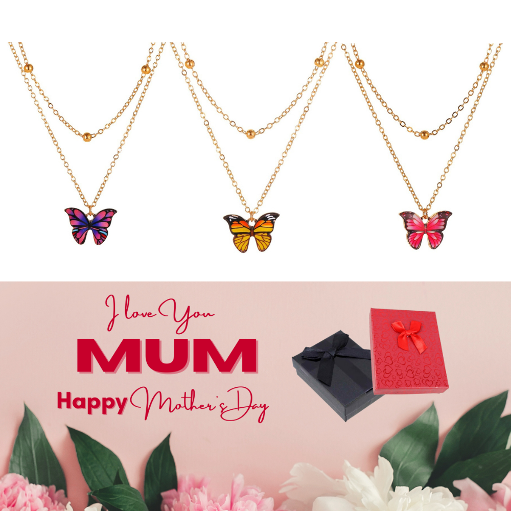 10 pcs - Butterfly Gold Tone Layered Pendant Necklace + Mother’s Day Message Gift Box - Random Colour|GCJ245-Yellow/Red/Purple-MD|UK SELLER