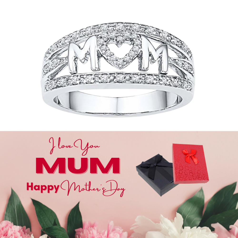 10 pcs - Mom Zircon Crystals Band Silver Tone Ring + Mother’s Day Message Gift Box - Random Size|GCJ331-Mum-K/M/P/R-MD|UK SELLER