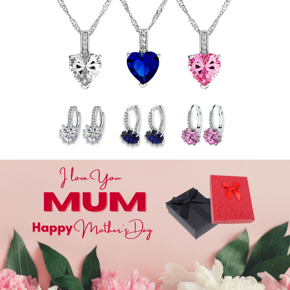 20 pcs - Crystal Simulated Sapphire Pendant Necklace and Earrings Set With Mother’s Day Message Box - 10 Sets Random Colour|GCJ005GCJ024-Clear/Blue/