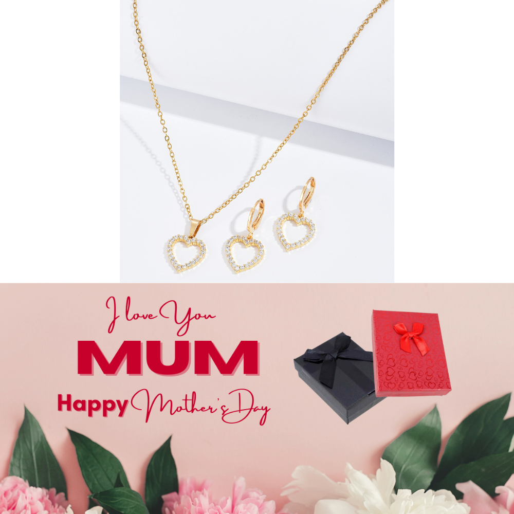 20 pcs - Love Heart Zircon Crystals Necklace and Huggies Earring Gold Tone 2 Pcs Jewellery Set + Mother’s Day Message Gift Box - 10 Sets|GCJ382-MD|U