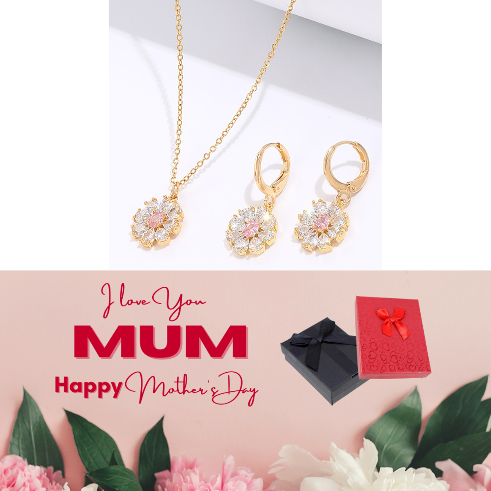 20 pcs - Flower Zircon Crystals Necklace and Huggies Earring Gold Tone 2 Pcs Jewellery Set + Mother’s Day Message Gift Box - 10 Sets|GCJ385-MD|UK SE