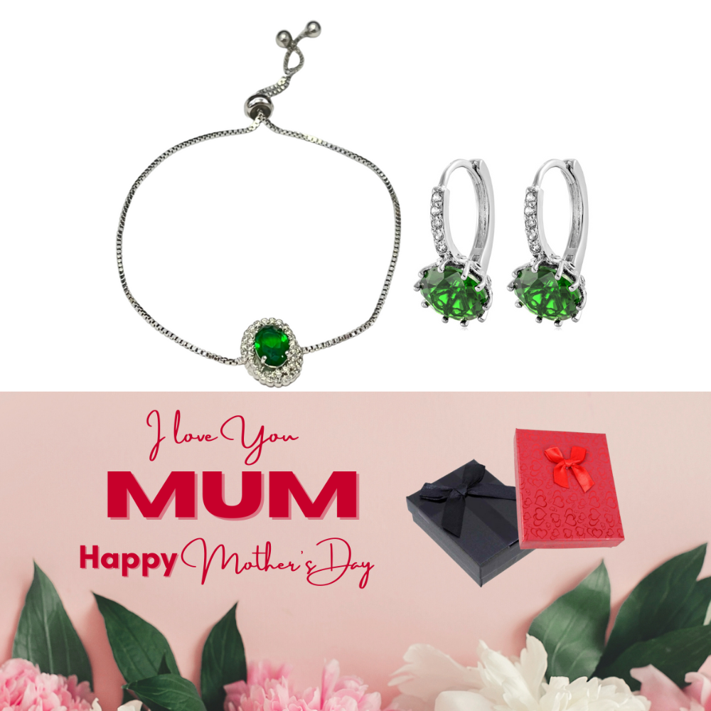 20 pcs - Vintage Halo Green Emarald Oval Zircon Crystals Silver Bracelet and Huggies Earrings Set + Mother’s Day Message Gift Box - 10 Sets|GCJ005GC