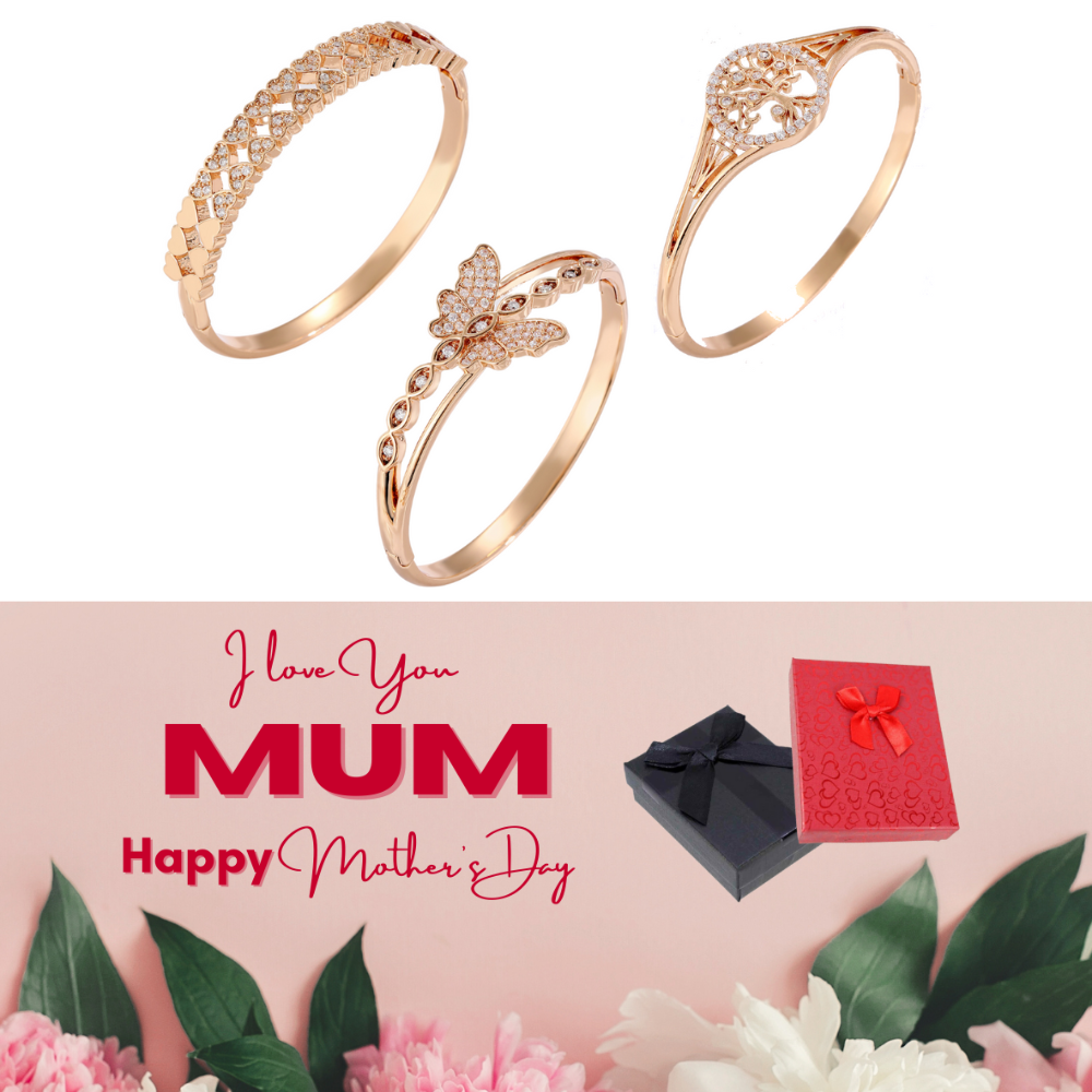 10 pcs -Hinged Butterfly, Family Tree and Love Heart Shape Bangles in Gold Tone with Crystals + Mother’s Day Message Gift Box - Random Style|GCJ246G