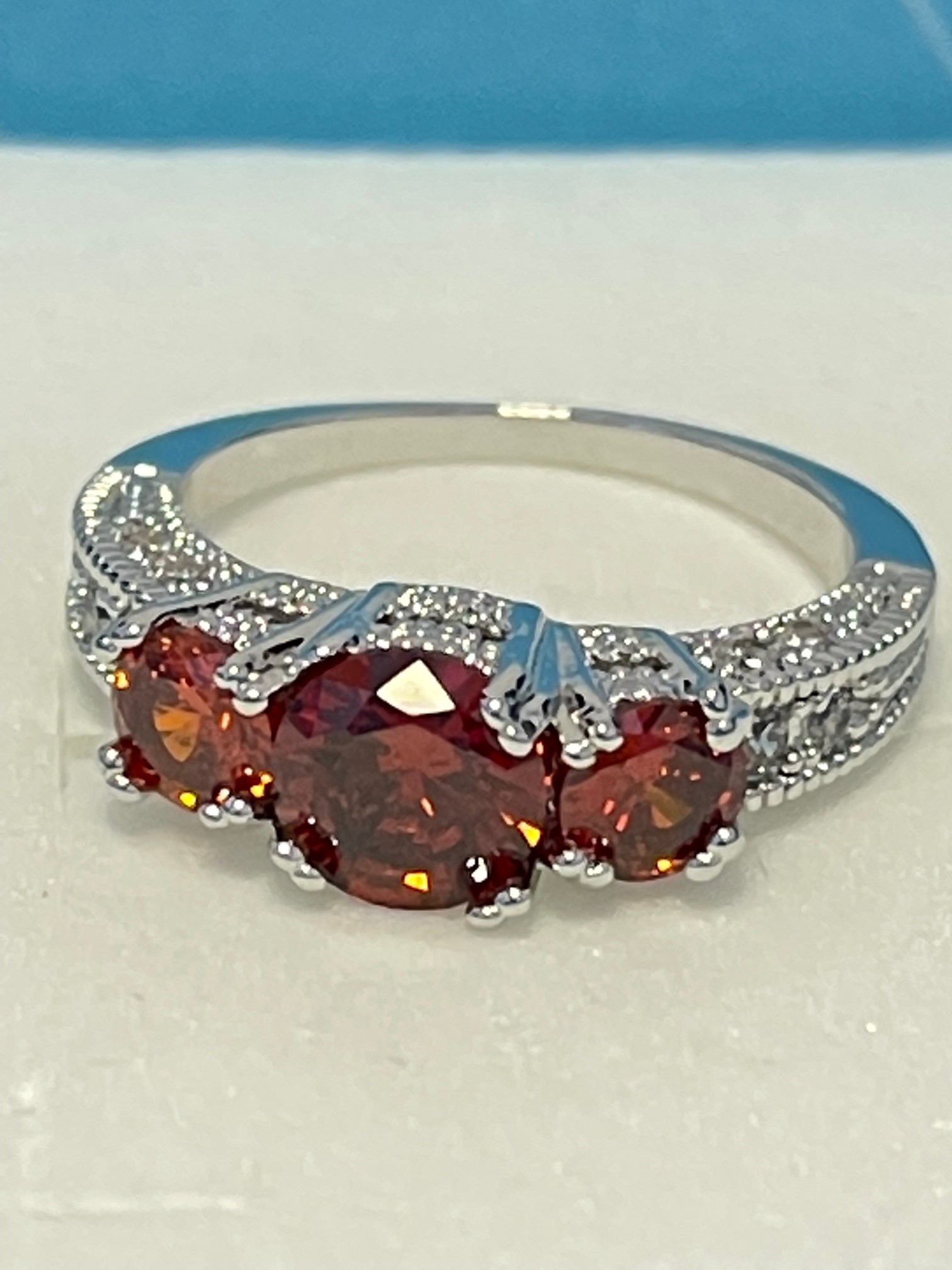 10 pcs - Vintage Three Stone Red Ruby Zircon Crystals Silver Ring - Random Size|GCJ560-M/P/R|UK SELLER