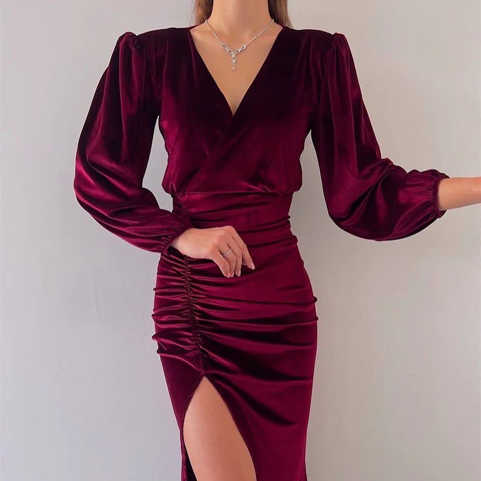 Velvet Midi Party Dress in Wine colour