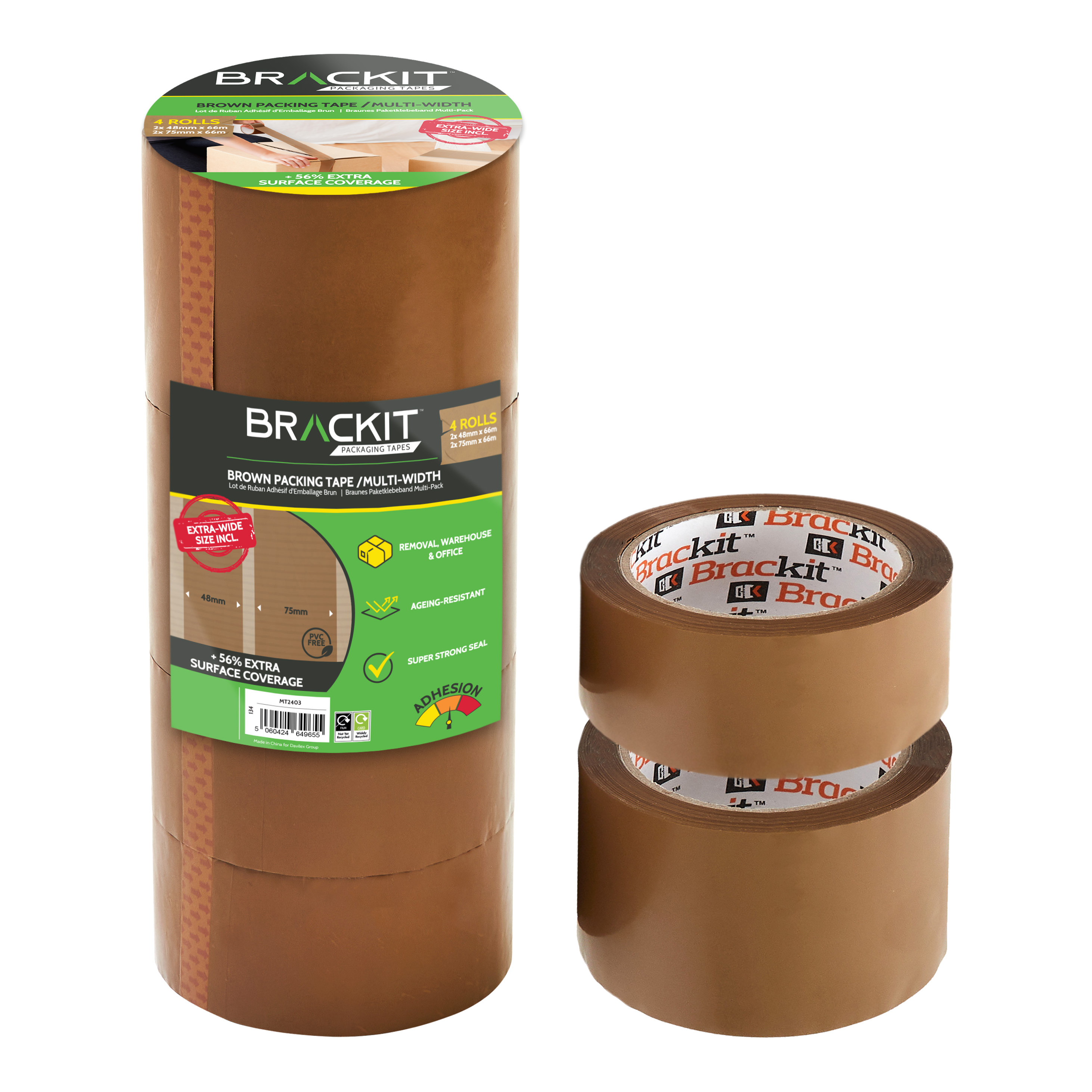 Extra Wide Brown Packing Tape 4 rolls - 2 x 48mm x 66m + 2 x 75mm x 66m - 50mu 