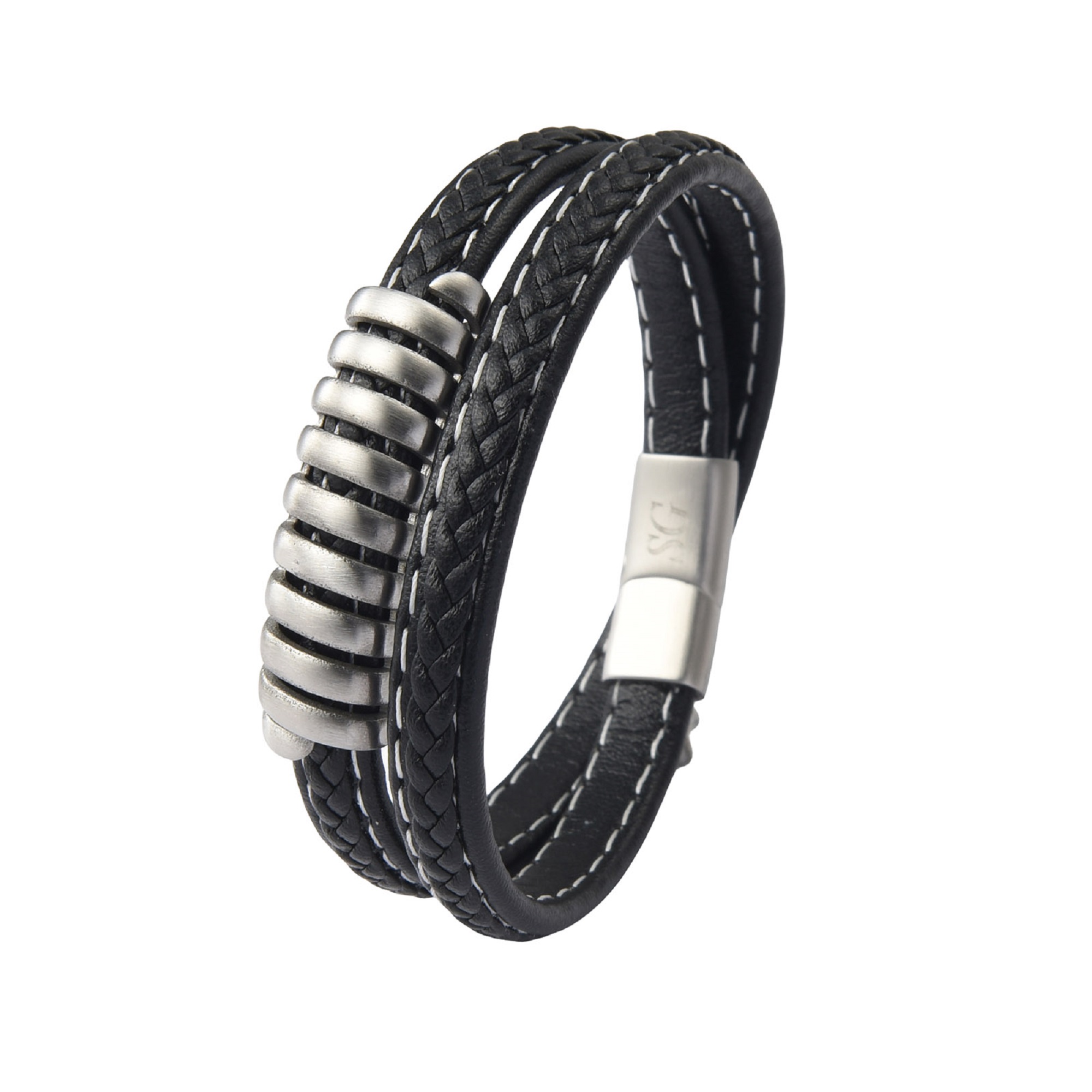 10pcs - Men’s Twisted 2-Layer Stainless Steel Black Leather Braided Bracelet|GCJ455|UK seller