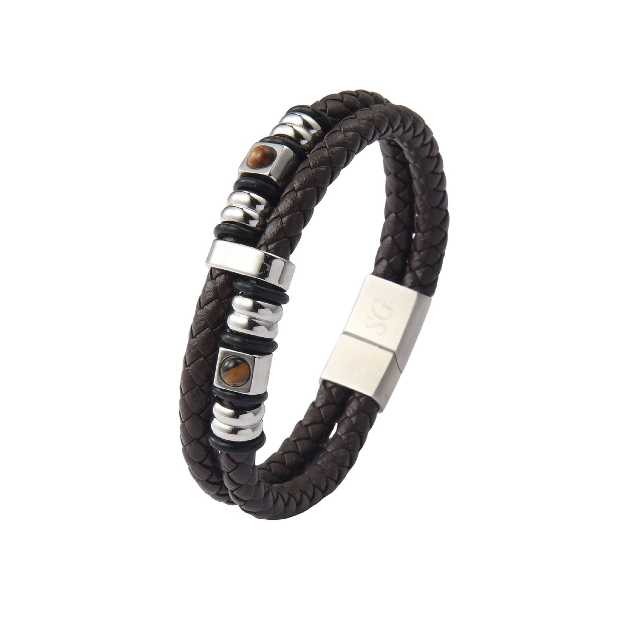 10pcs - Men’s Hidden Hundred Languages Projection 2-Layer Stainless Steel Beaded Brown Leather Braided Bracelet|GCJ456|UK seller