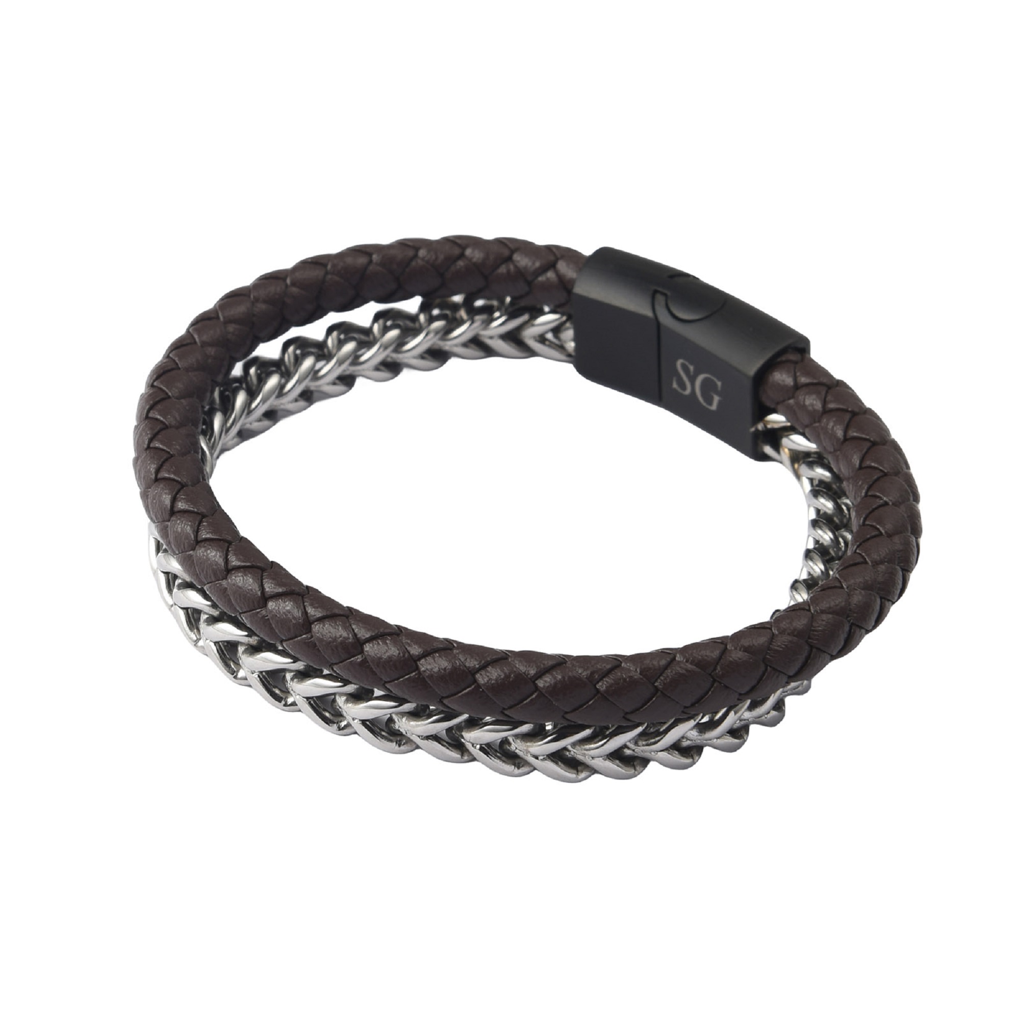 10pcs - Men’s 2-Layer Stainless Steel Chain Brown Leather Braided Bracelet|GCJ457|UK seller