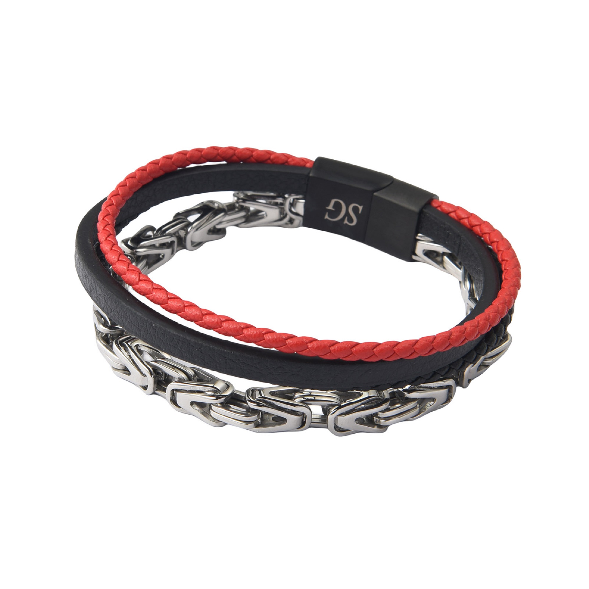 10pcs - Men’s 4-Layer Stainless Steel Chain Red and Black Braided Leather Bracelet|GCJ458|UK seller