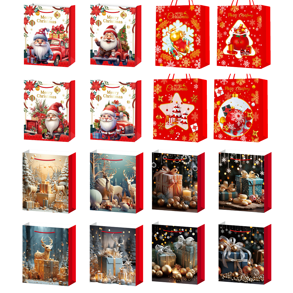 100pcs-Christmas Theme Premium Gift Paper Tote Carry Bags Mixed - Size 26x32x10cm Medium|GCBag008-Medium-100pcs|UK seller