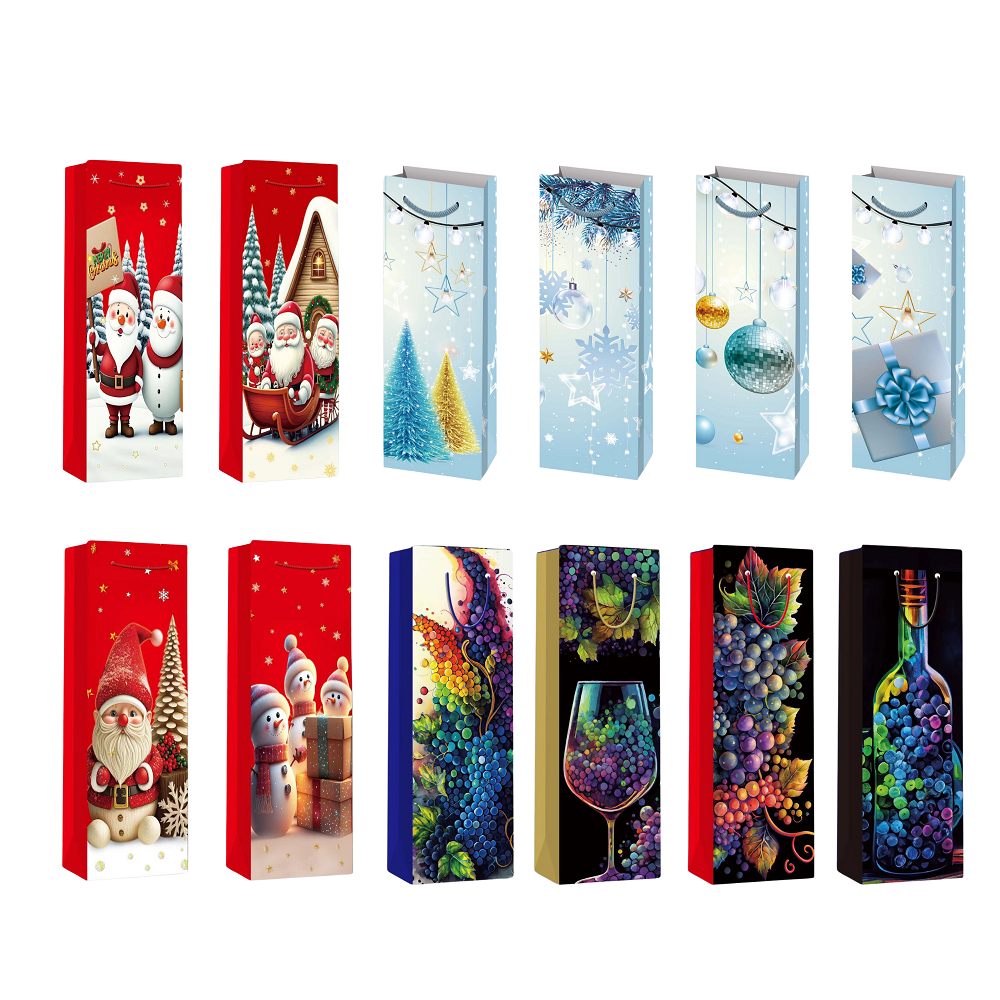 100pcs-Christmas Theme Premium Gift Paper Tote Carry Wine Bags Mixed - Size 12x35x9cm|GCBag008-Wine Bag|UK seller