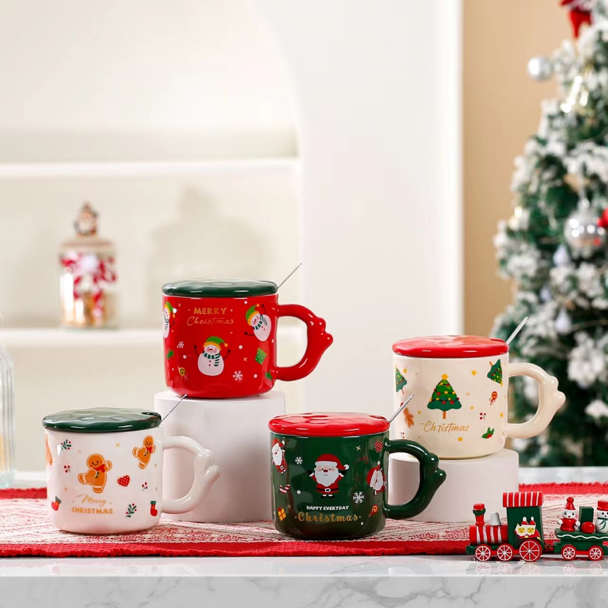 16pcs-Christmas Theme Cute Cartoon Ceramic Coffee Tea Mug with Lid & Spoon Set (4pcs Each Pattern)|GCVM008-UK Seller