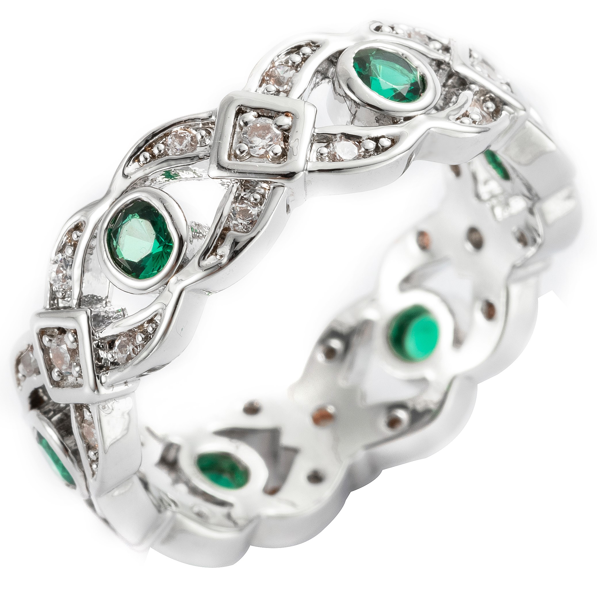 Rings - Green & Clear CZ Rhod. pl. Ring - size P - Joblot 14.