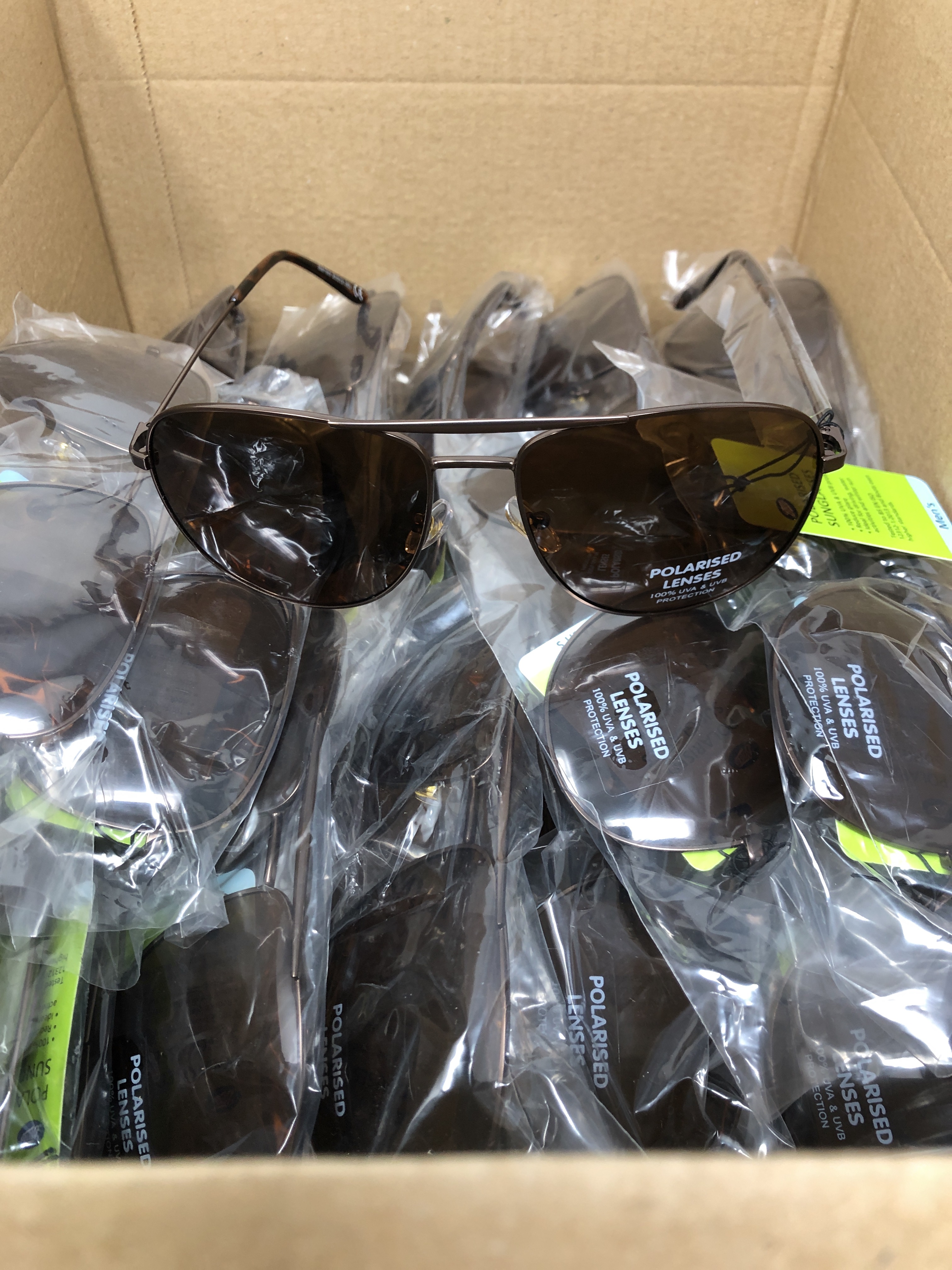 Job Lot of 25 x Men’s Polarised Aviator Sunglasses – Ex-Chain Store Stock - model: 099J (Brown Lens, Copper Frame)