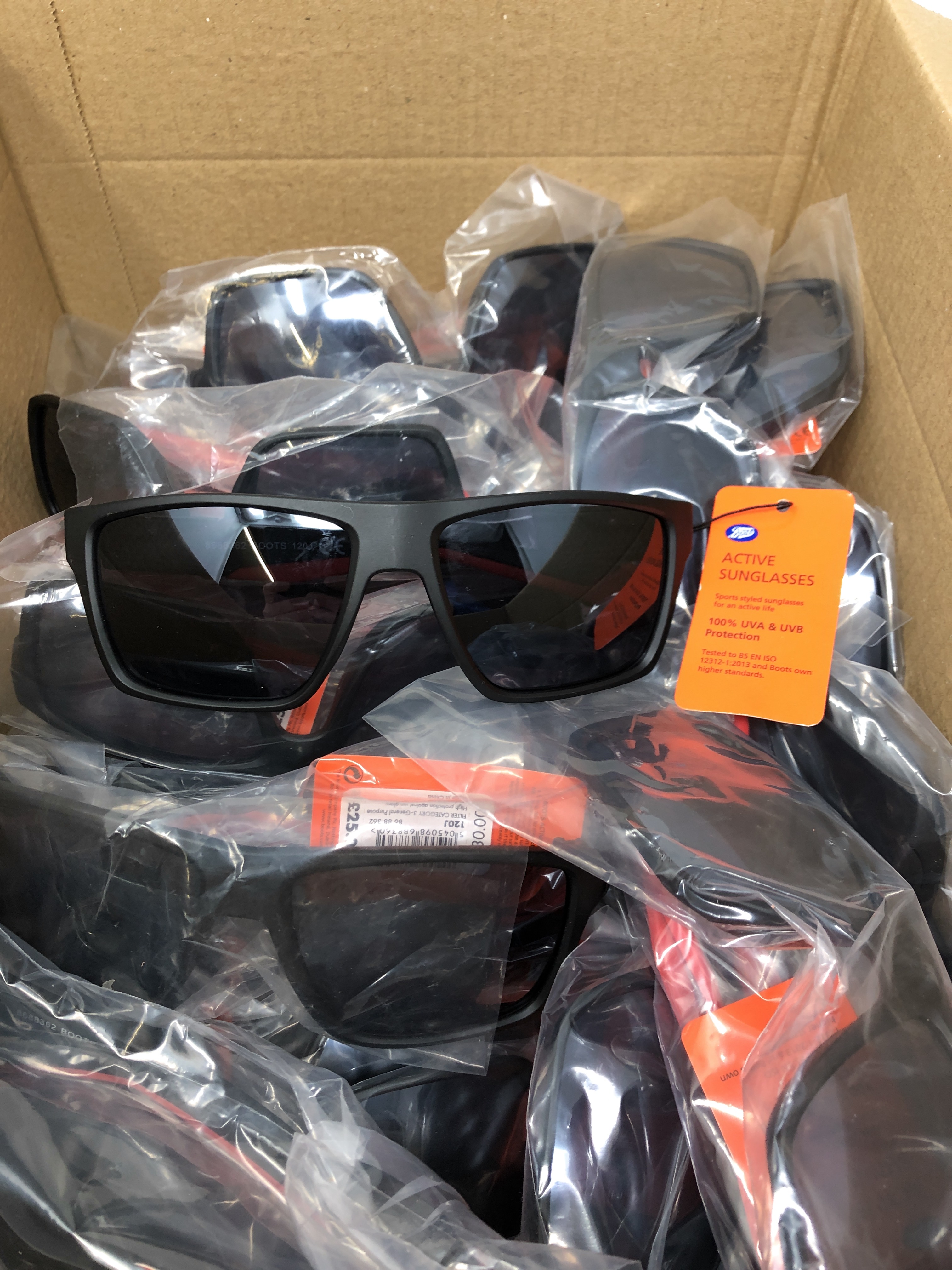 Wholesale Job Lot of 25 x Active Sports Sunglasses – Black & Red Arms - Ex-chain Store stock (Model 120J)