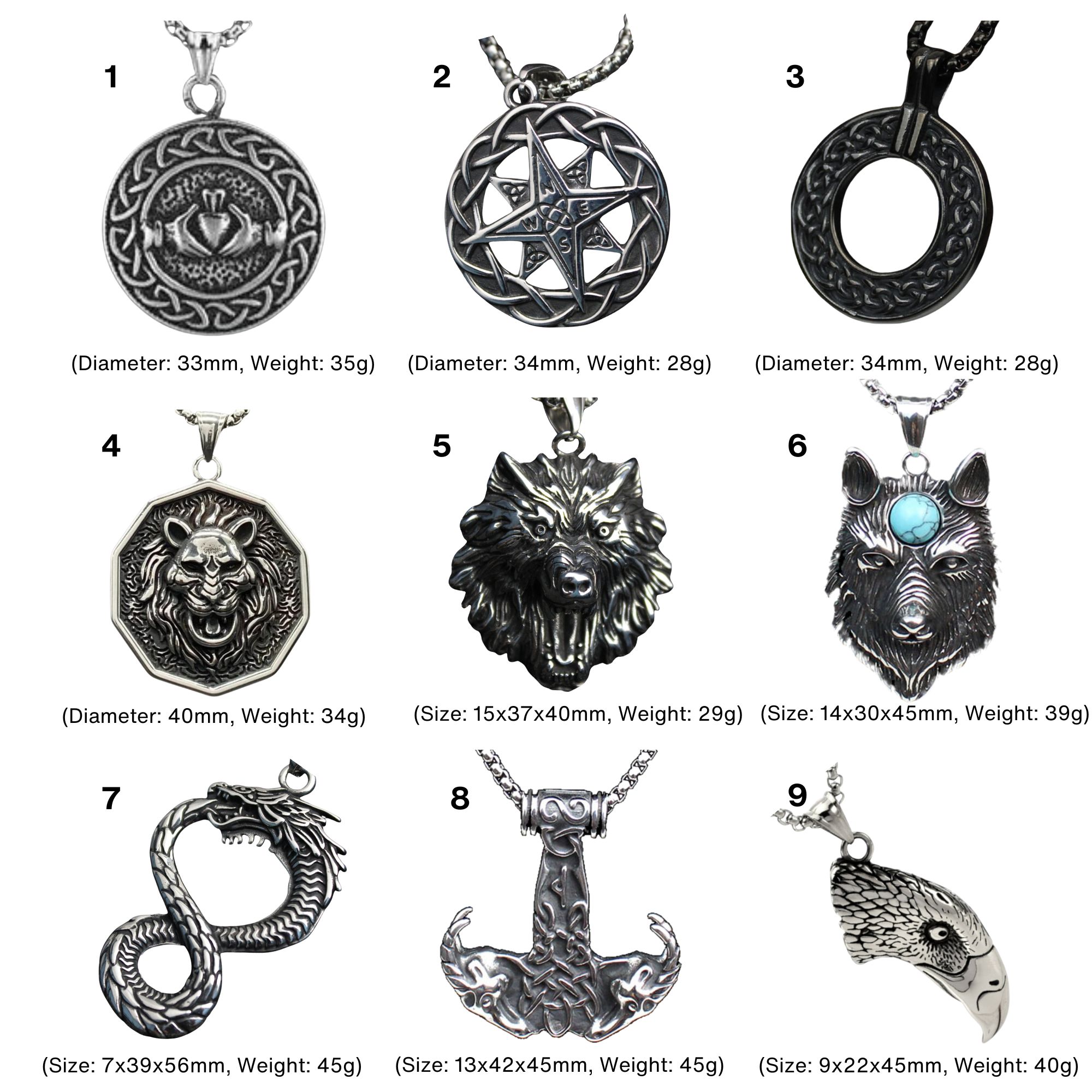 18pcs-Men's Celtic Compass Wolf Goat Dragon Eagle Stainless Steel Pendant Necklaces (2pcs Each Pattern)|GCJ568-575,GCJ577|UK seller