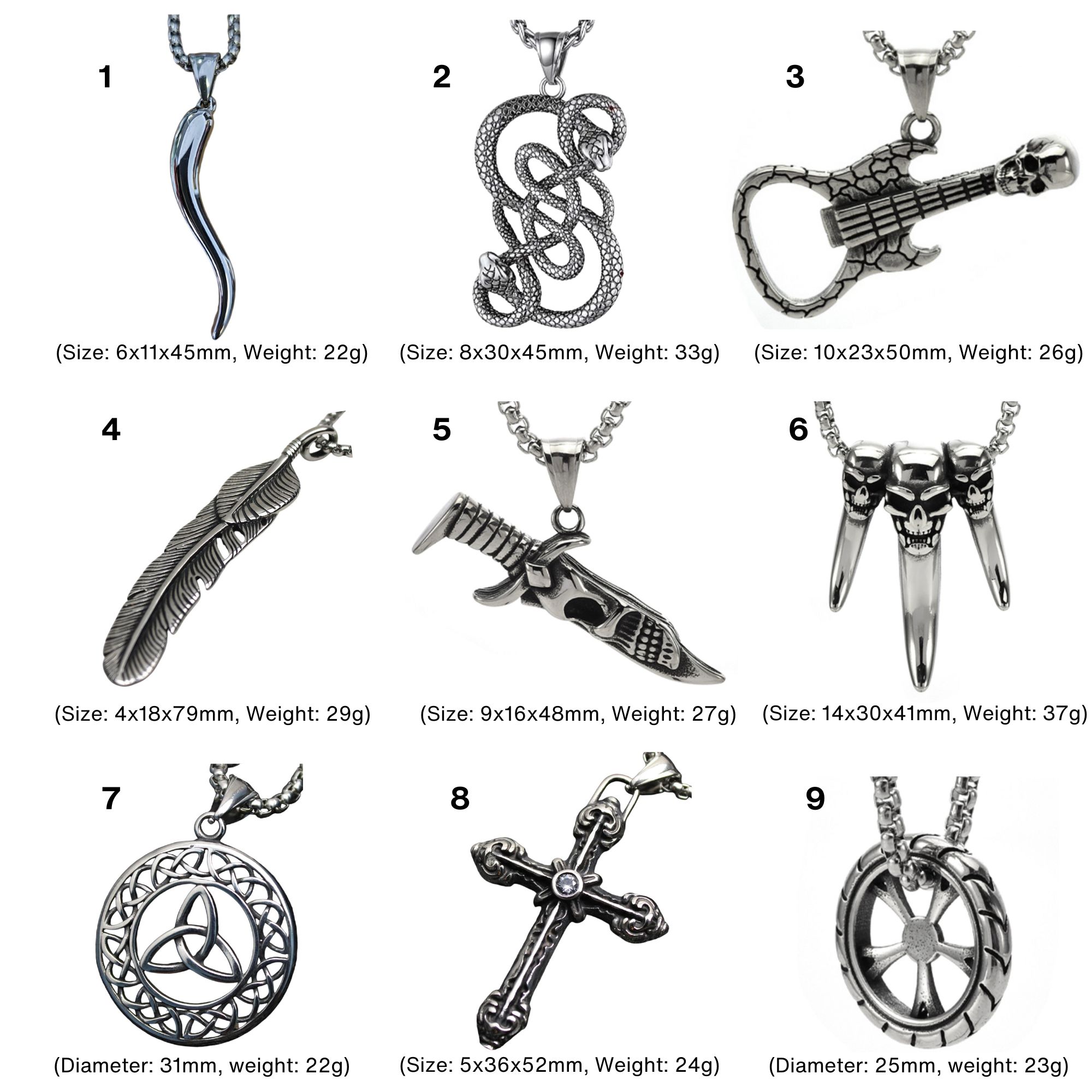 18pcs-Men's Horn Snake Skull Leaf Cross Wheel Stainless Steel Pendant Necklaces (2pcs Each Pattern)|GCJ578-GCJ580, GCJ582-GCJ587|UK seller