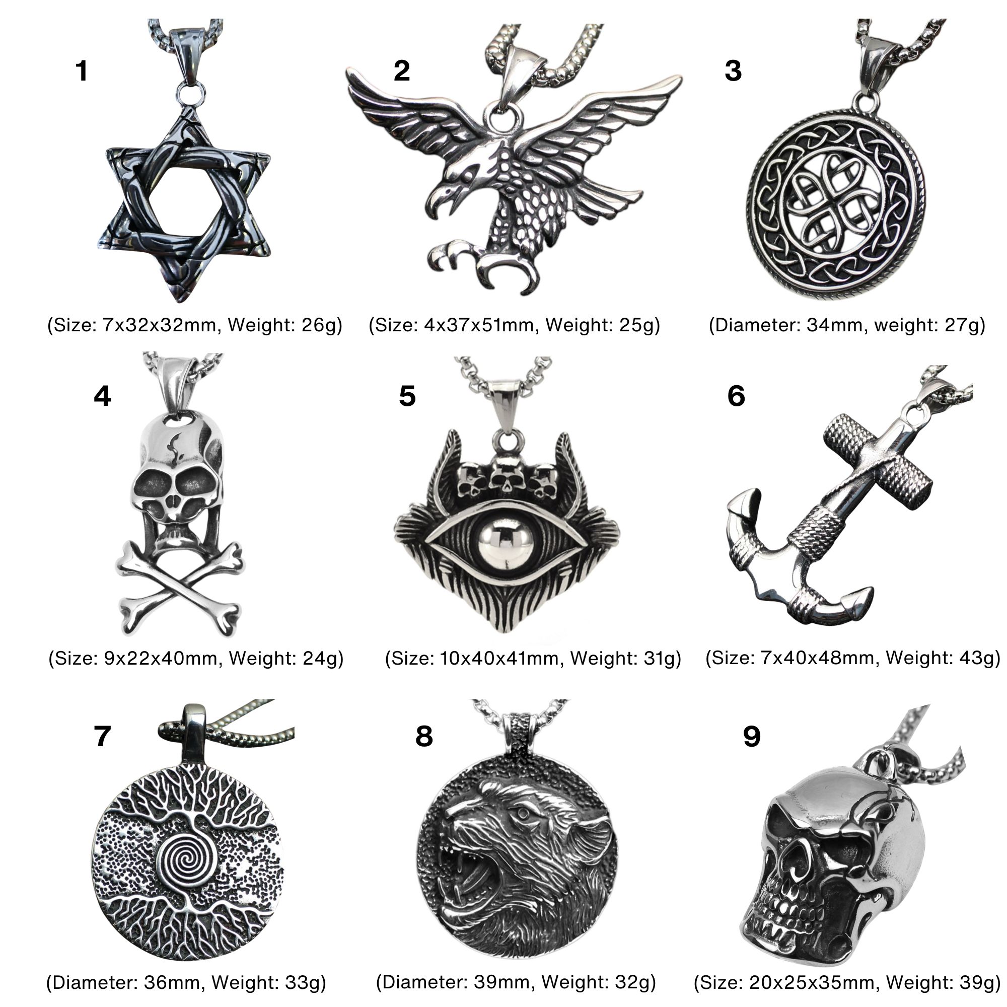 18pcs-Men's Tree of Life Anchor Leopard Eagle Devil Eye Skeleton Stainless Steel Pendant Necklaces (2pcs Each Pattern)|GCJ588-GCJ589, GCJ591-GCJ597|UK