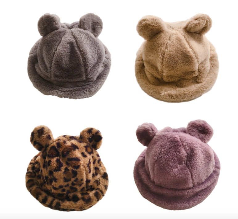 Mixed Variety 12 units - Toddler Teddy Bear Faux Fur Hats Leopard Purple Grey Beige