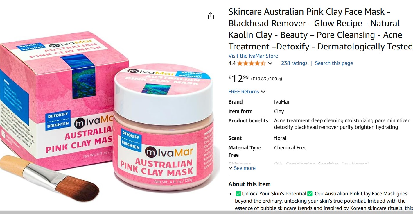 Skincare Australian Pink Clay Face Mask - Blackhead Remover - Glow Recipe - Natural Kaolin Clay - Beauty – Pore Cleansing - Acne Treatment –Detoxi