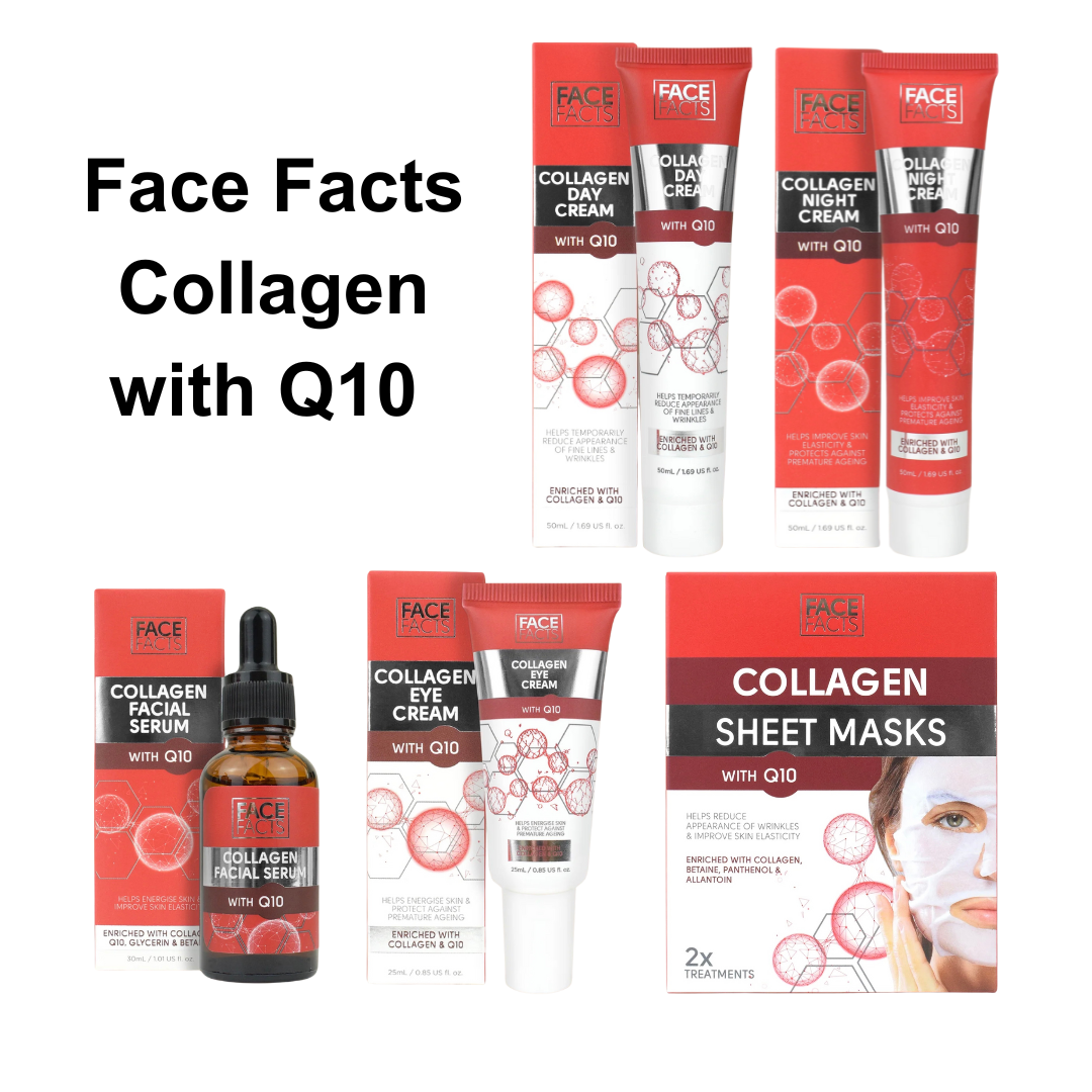 Face Facts Collagen with Q10 Skincare – Day Cream, Night Cream, Eye Cream, Facial Serum & Sheet Masks 