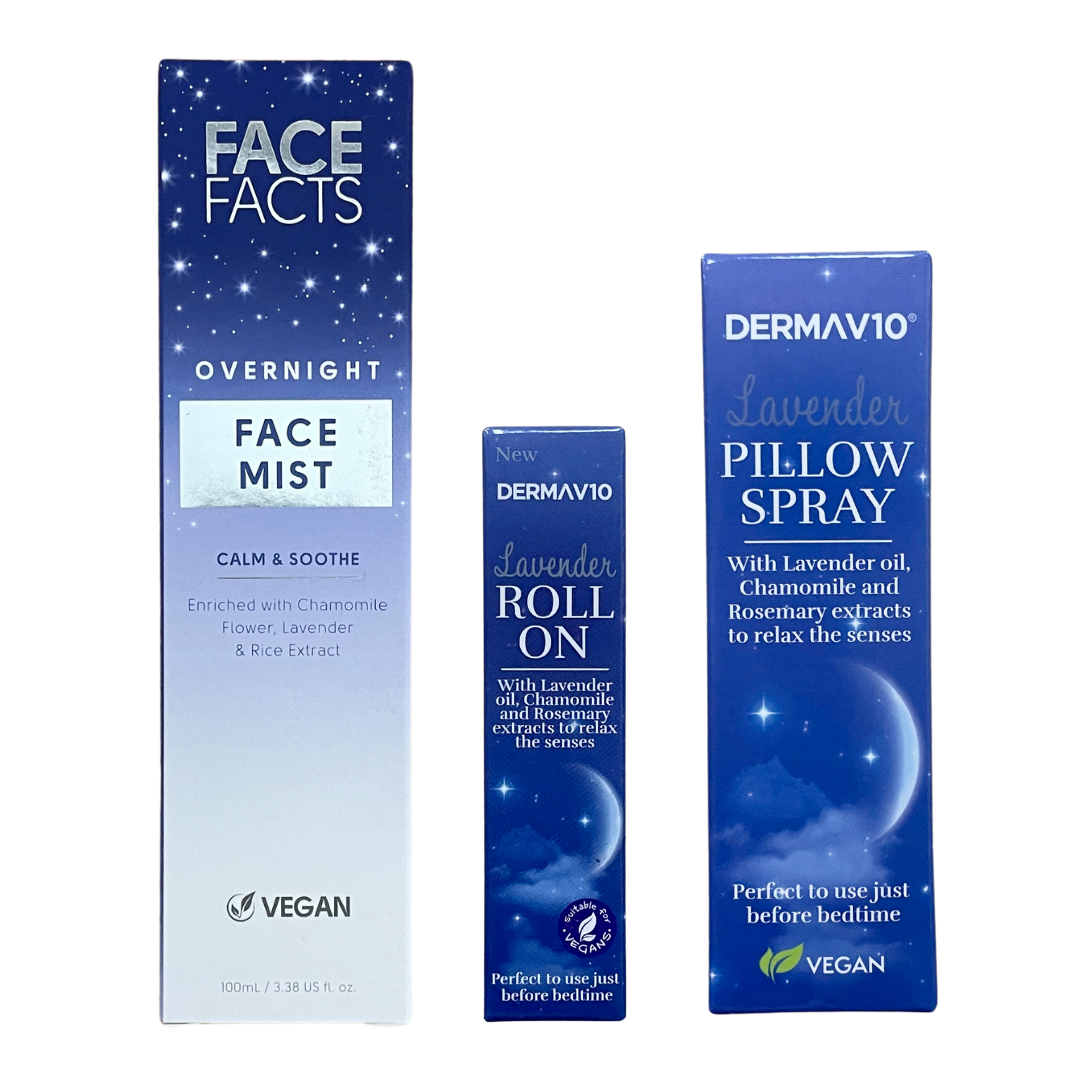 Derma V10 & Face Facts Lavender Sleep & Relaxation Products – Roll-On, Face Mist & Pillow Spray