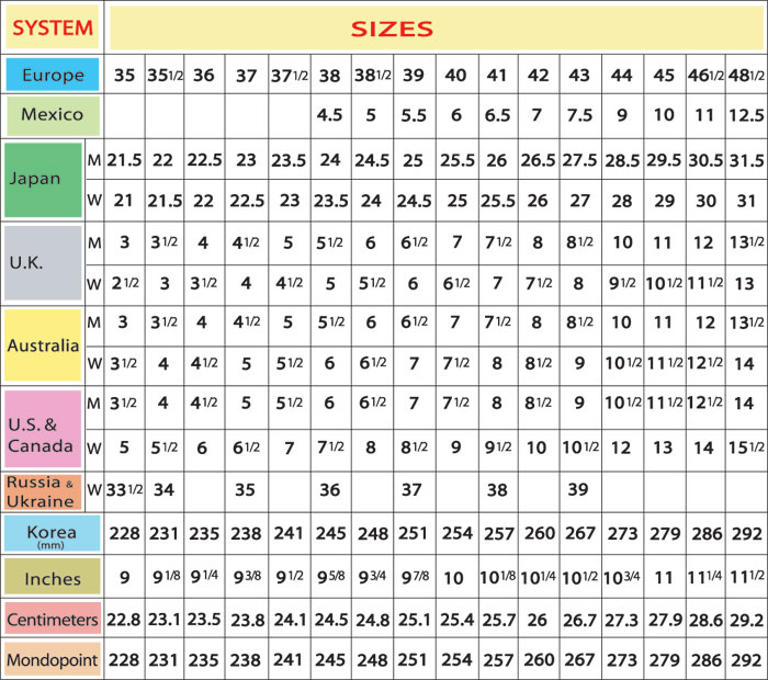 shoe size chart 44 means